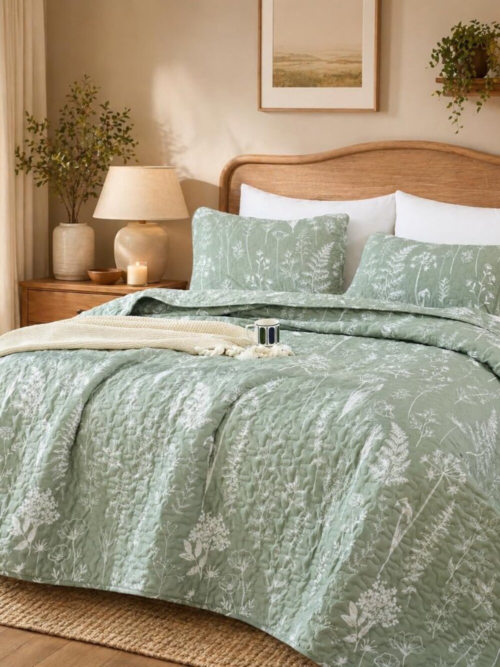Quilts Queen Size Sage Green Quilt Botanical with Floral Pattern Microfiber Beds